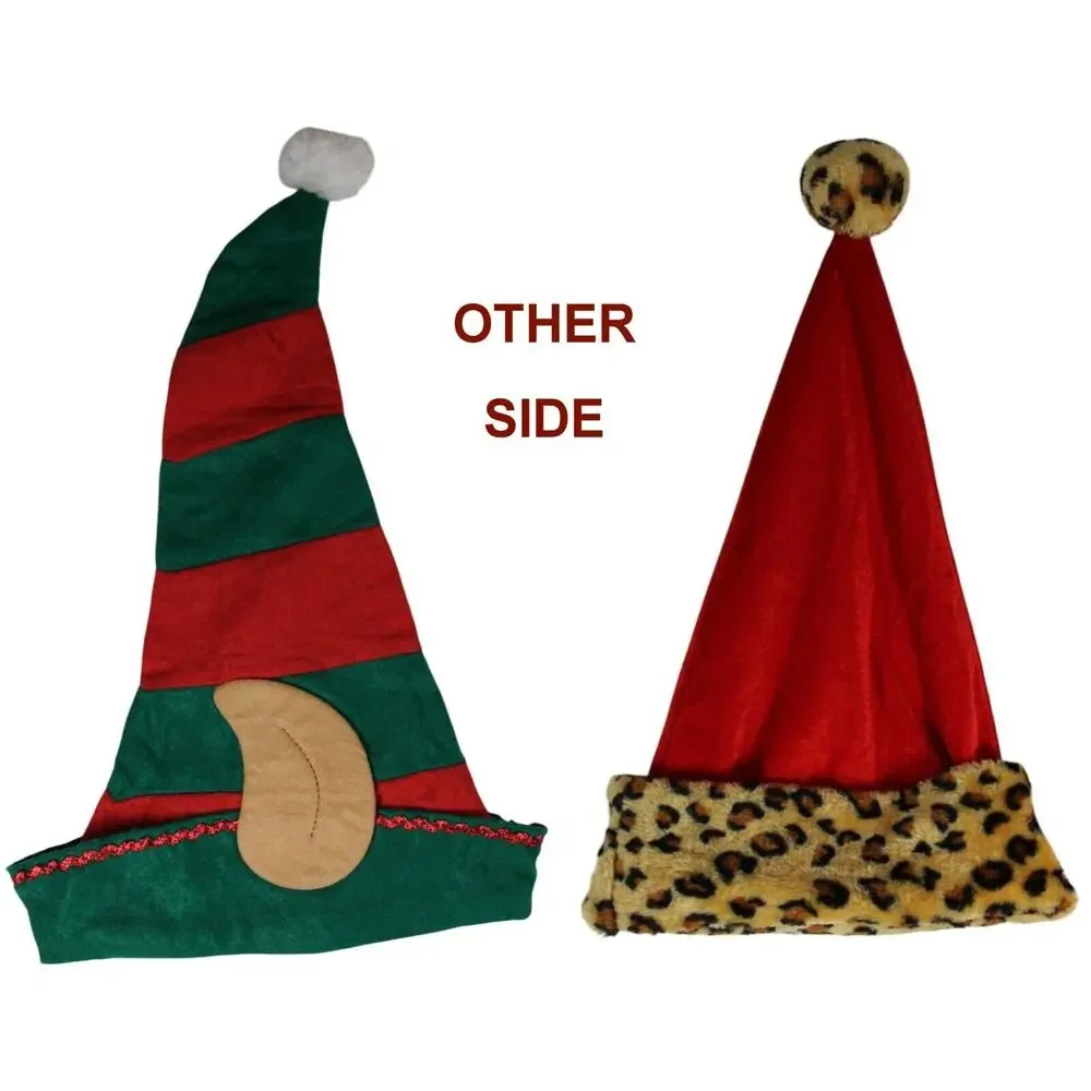 2 Christmas Caps •His (Red & Green with Elf Ears) & Hers (Red with Faux Leopard)
